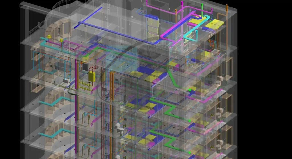 3D BIM MEP coordination model A 3D BIM coordination model showing mechanical, electrical and plumbing services integrated across the building's floors, a typical deliverable for clash detection and design coordination.