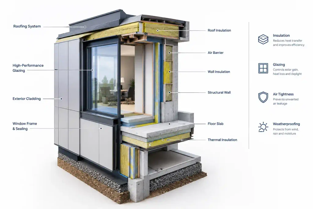 Building envelope cutaway Cutaway of a building envelope showing roofing, cladding, glazing, air barrier, wall and floor insulation layers