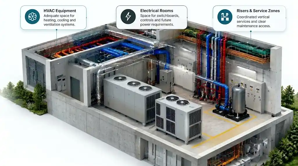 Coordinated BIM MEP plant room Plant room layout showing space for HVAC equipment, electrical switchboards and coordinated risers, with clear maintenance access for the building's services.