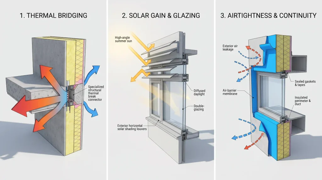 Envelope performance: thermal bridging, solar gain and airtightness Three-panel diagram of building envelope performance showing thermal bridging at a slab junction, solar shading with double glazing, and an air-barrier membrane