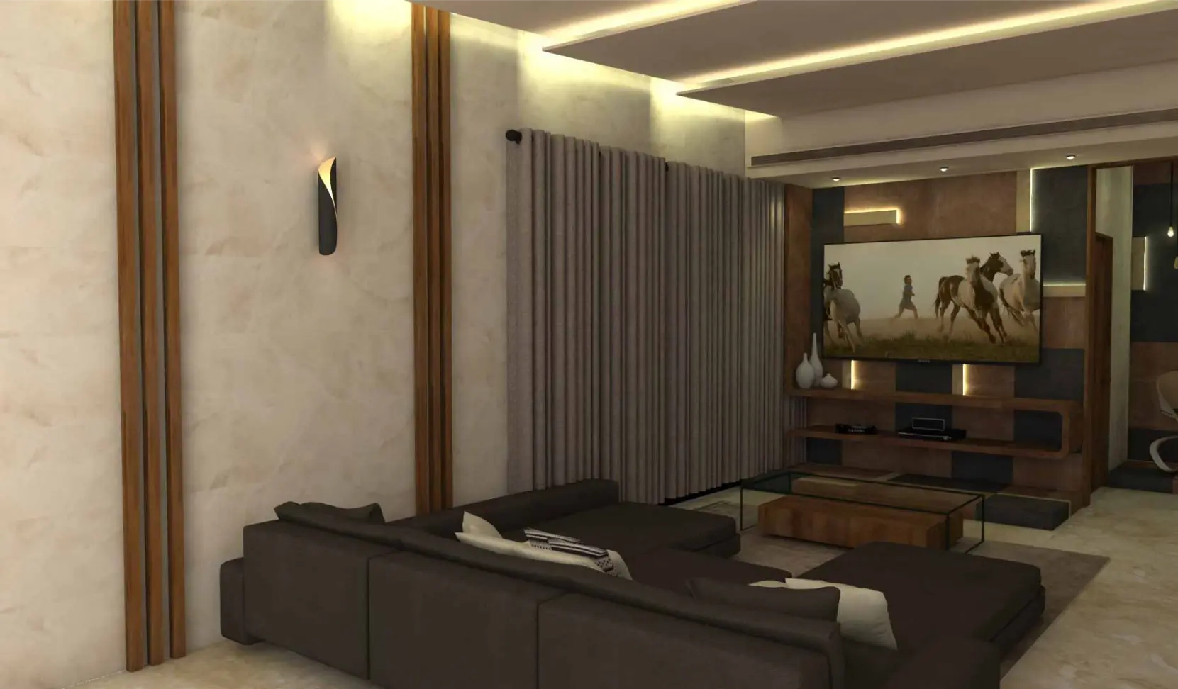3D building rendering highlighting exterior materials and lighting