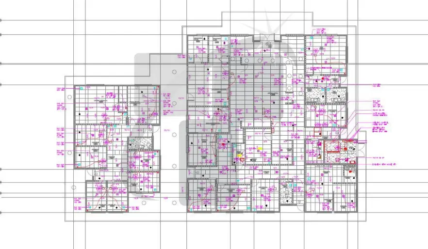 2D CAD reflected ceiling plan (RCP) showing electrical lighting layout and circuit wiring for a commercial office.