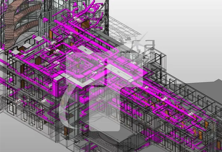 MEP BIM Model Showing HVAC Riser And Vertical Duct Systems