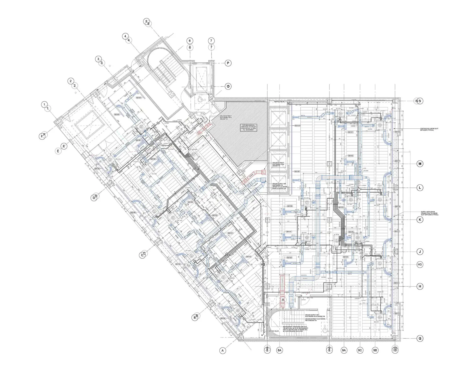 MEP shop drawing detailing HVAC duct and piping layout