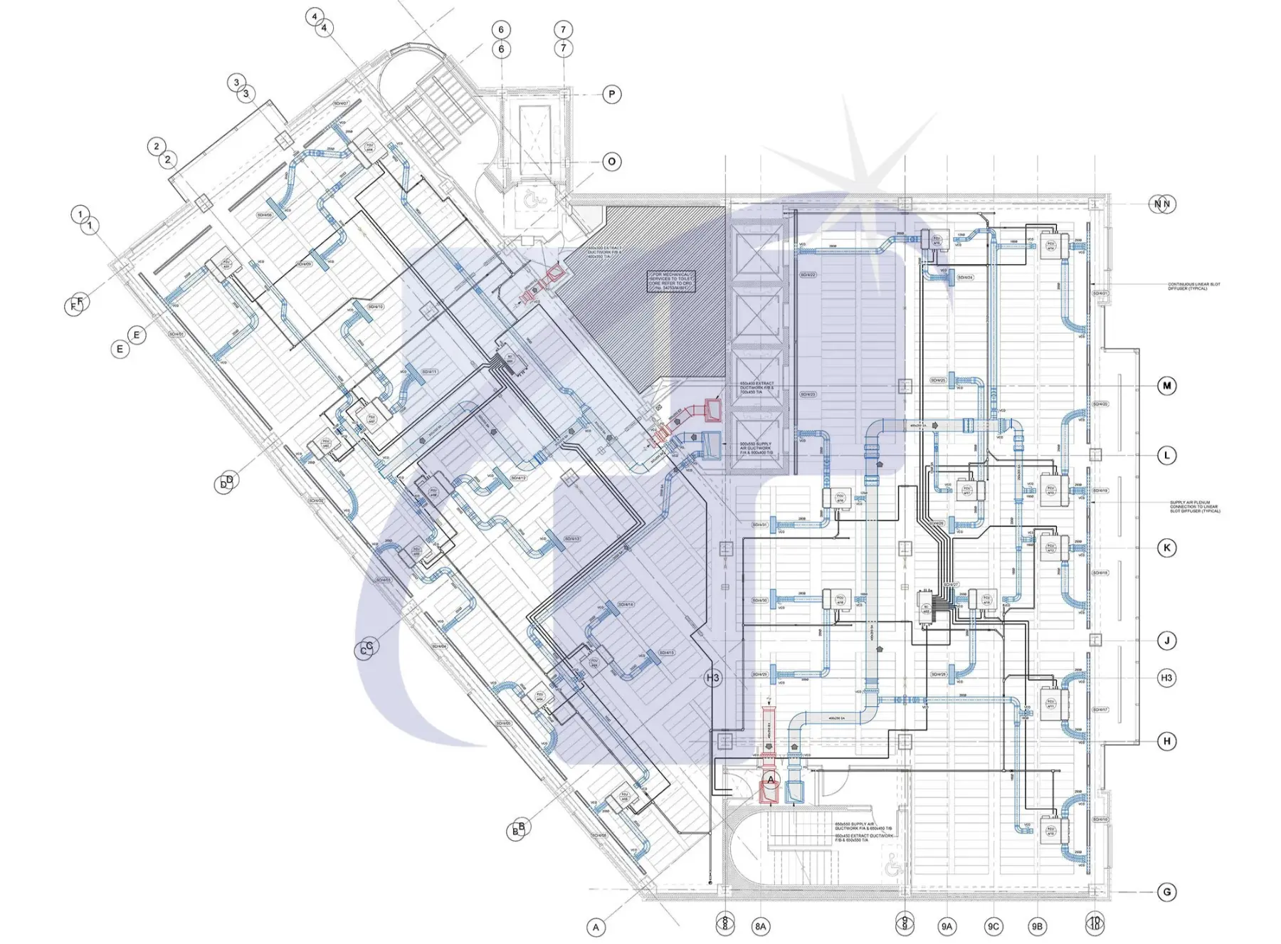 MEP shop drawing showing installation level building services