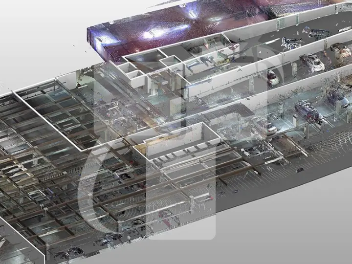 Scan to BIM conversion showing structural and architectural elements